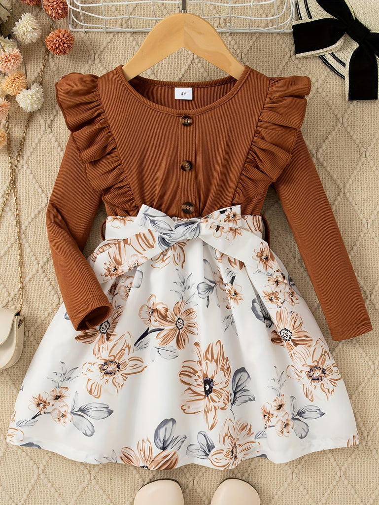 Girls Elegant & Sweet Long Sleeve Flutter Sleeve Flowers Pattern Belted Button Design Dress For Prom & Party & Ball