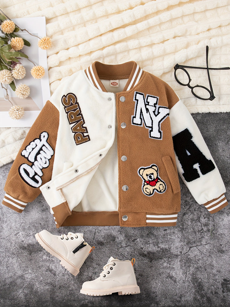 Kids' Fuzzy Bear Embroidered Varsity Jacket - Soft Fleece, Drop Shoulder, Street Style Bomber Design, Winter Fall Outdoor Wear for Boys - Perfect for Casual Daily Life, School, and Outdoor Activities