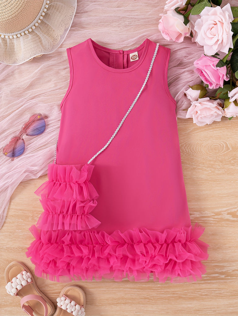 Girls' Sleeveless Round Neck Casual Dress With Tulle Hem And Matching Purse, Knee-Length Fashion Outfit For Summer Outings