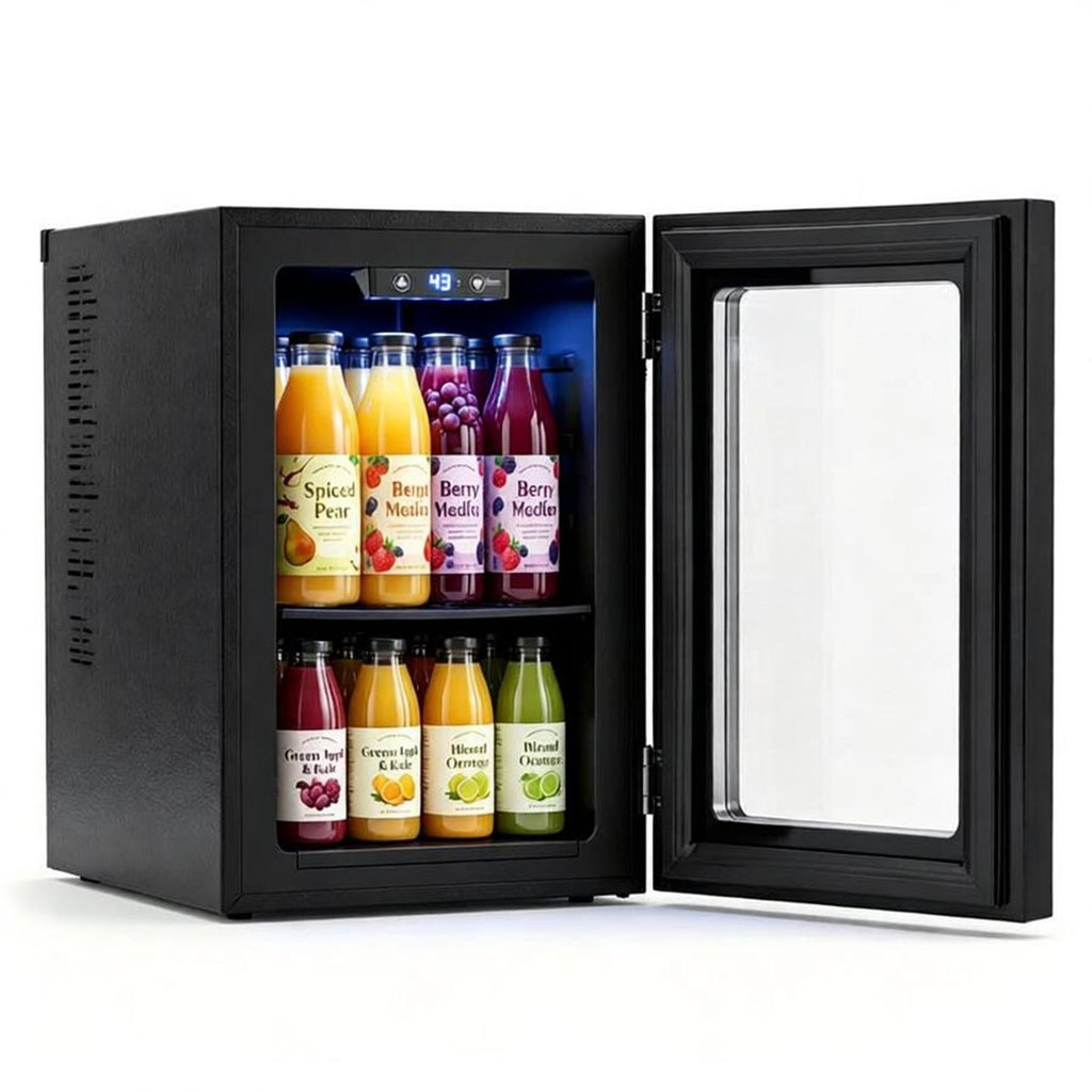 0.6 Cu.Ft Mini Beverage Refrigerator with Digital Touch Control 40F-61F Adjustable Thermostat, 360 Air Circulation Silent Compressor Cooler Blue LED Light Tempered Glass Door Holds 24 Cans Black