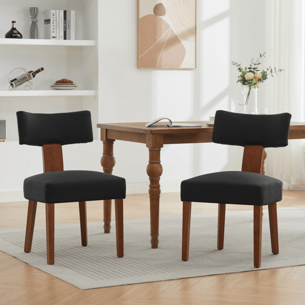 064-Set of 2 Linen Fabric Modern Armless Dining Chairs With Curved backrest and Solid Wooden Legs for Dining Room Living Room ,Black