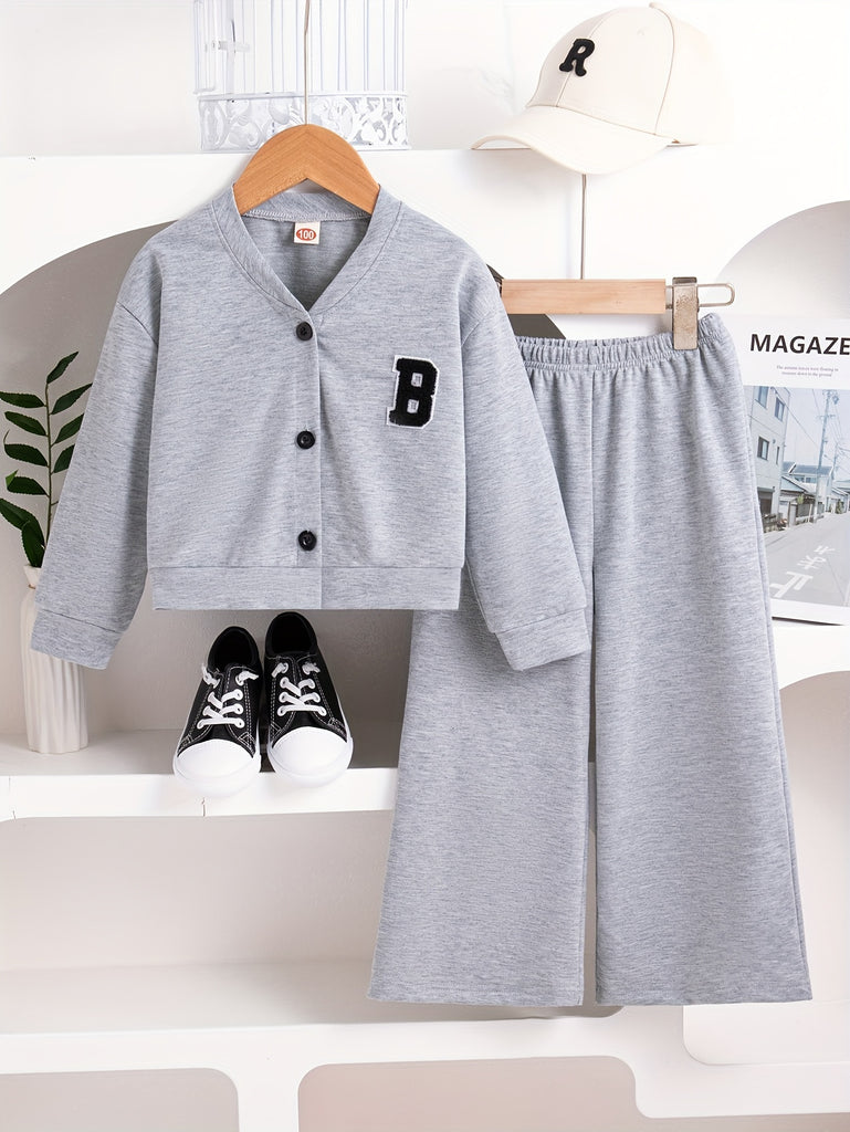 Kids' Casual Polyester Knit Pant Set with Embroidered Letter Jacket and Long Pants, Slight Stretch Fabric, Spring/Fall Long Sleeve Button-up Top Outfit for Girls 12 and Under