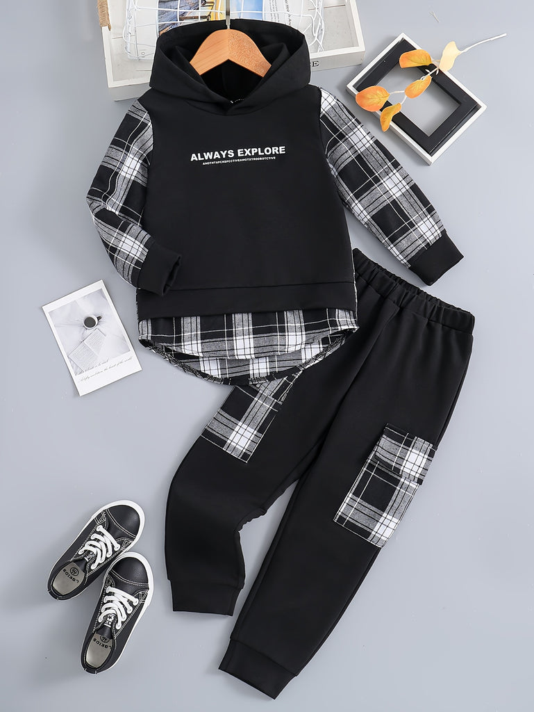 2pcs Boy's Letter Print Plaid Stitching Hooded Outfit, Hoodie & Pants Set, Boys Clothes, As Gift