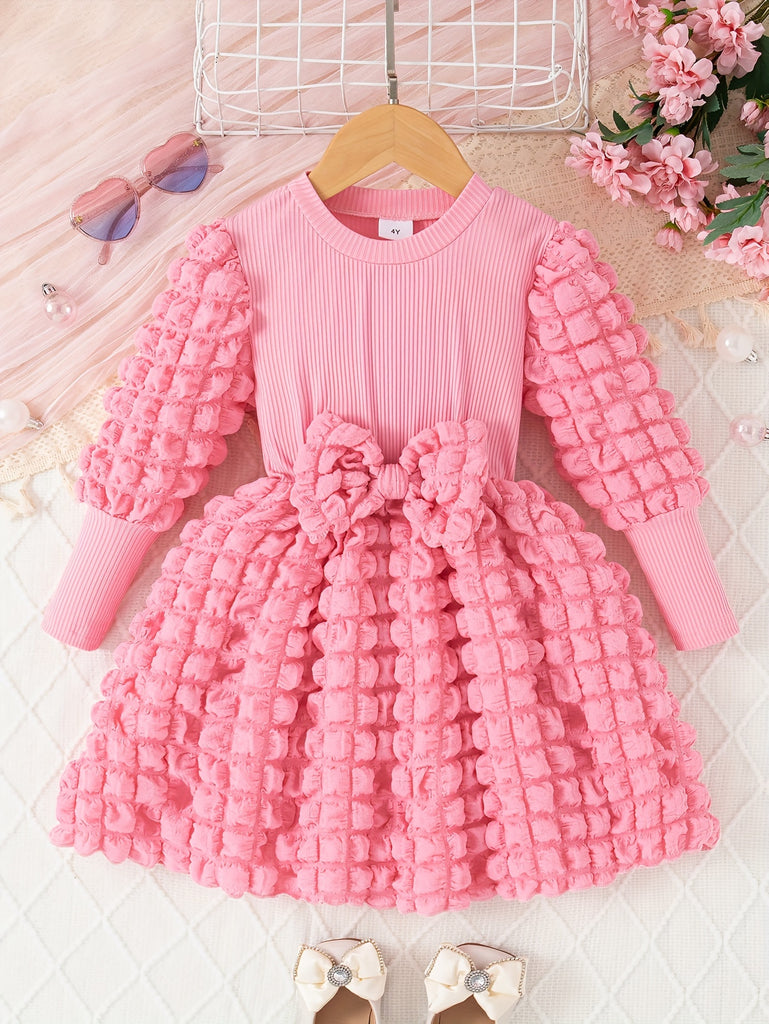 Chic Girls' Knee-Length Dress with Bow Detail - Long Sleeve, Round Neck, Solid Color for Spring/Fall