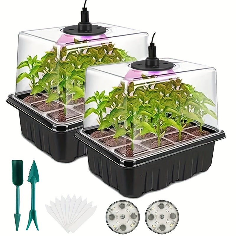 Seed Germination Starter Plate with Growth Lamp, 2 Sets of Seed Germination Kits, with Adjustable Humidity Dome, Seedling Starter Plate with Heightening Lid, 8 Full Spectrum LED Bulbs for Indoor Plants, Mini Greenhouse for Se