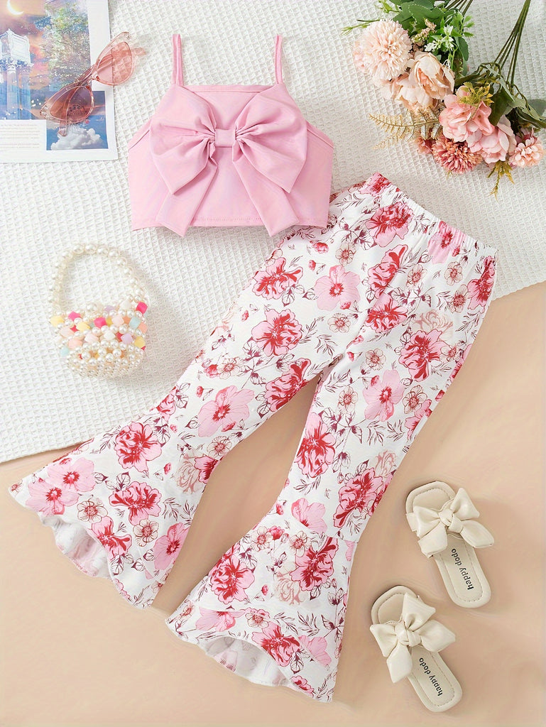 2pcs, Sweet Girl's Solid Bow Decor Cami Top + Floral Flare Pants Set For Summer Holiday Party Gift