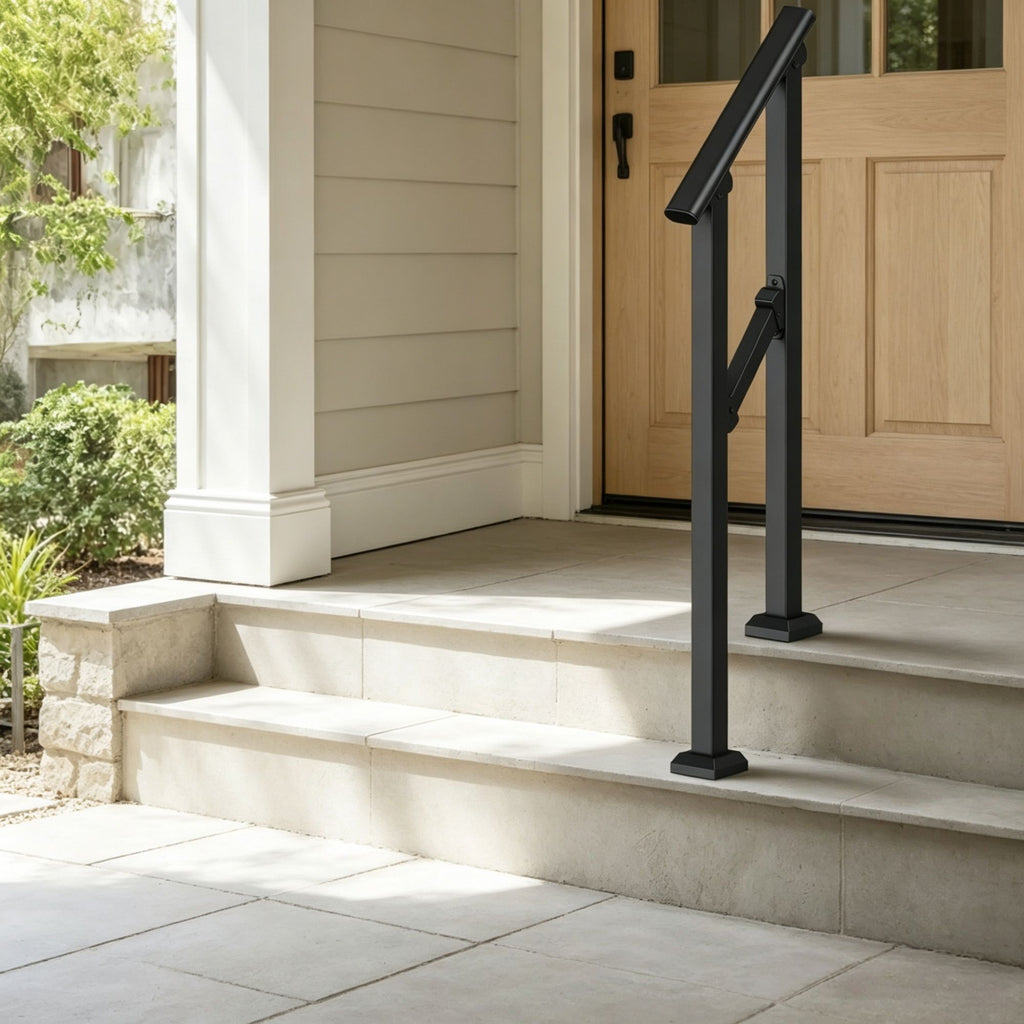 1-2 Step Stair Handrail Kit for Outdoor Steps, Black Square Tube Design, Stair Rails for Seniors, Concrete Steps, Porch & Deck