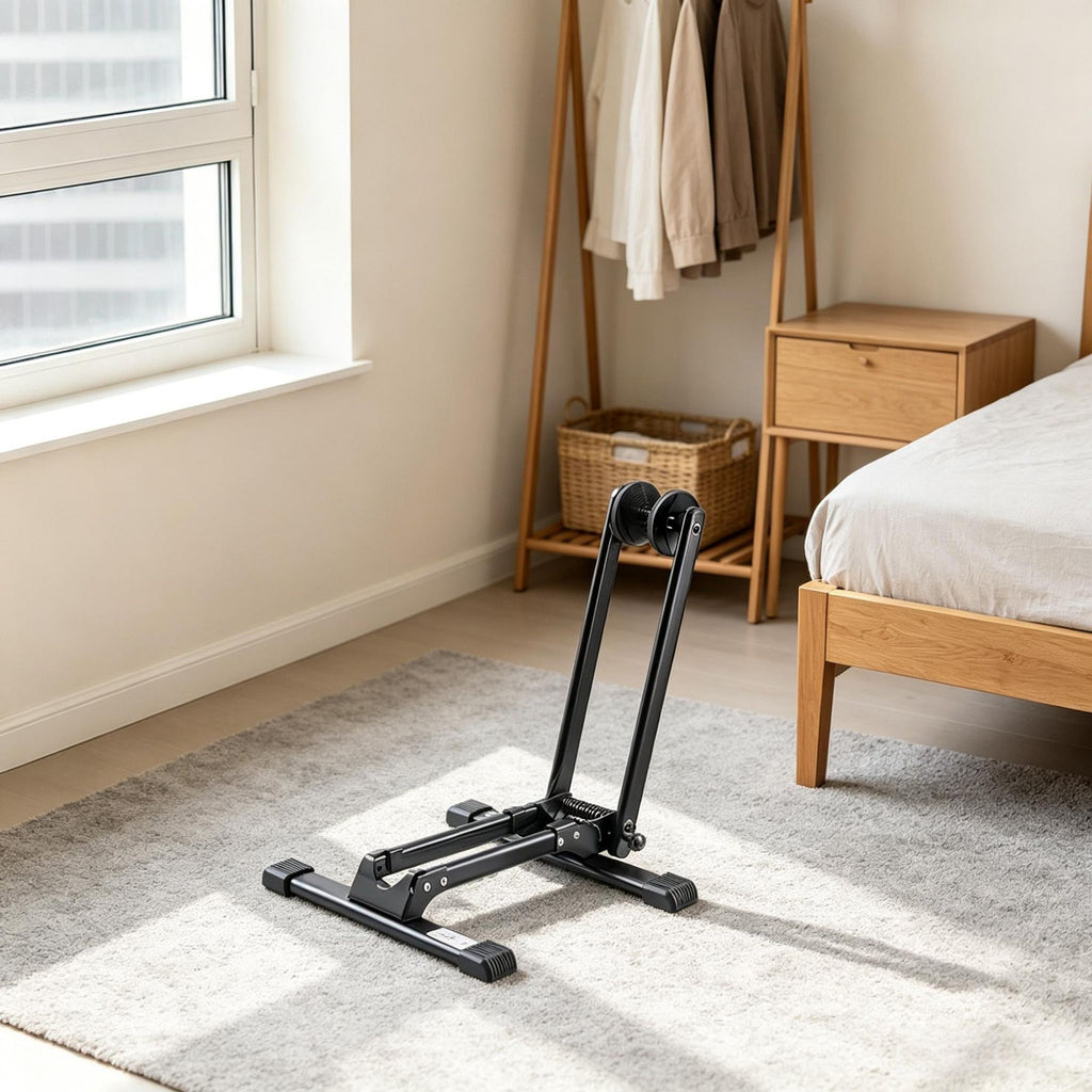 1 Pack Black Foldable Bike Floor Stand, Fits 20-29 Inch Mountain & Road Bikes, Rust-Resistant Bicycle Parking Rack for Entryway, Garage & Home Storage