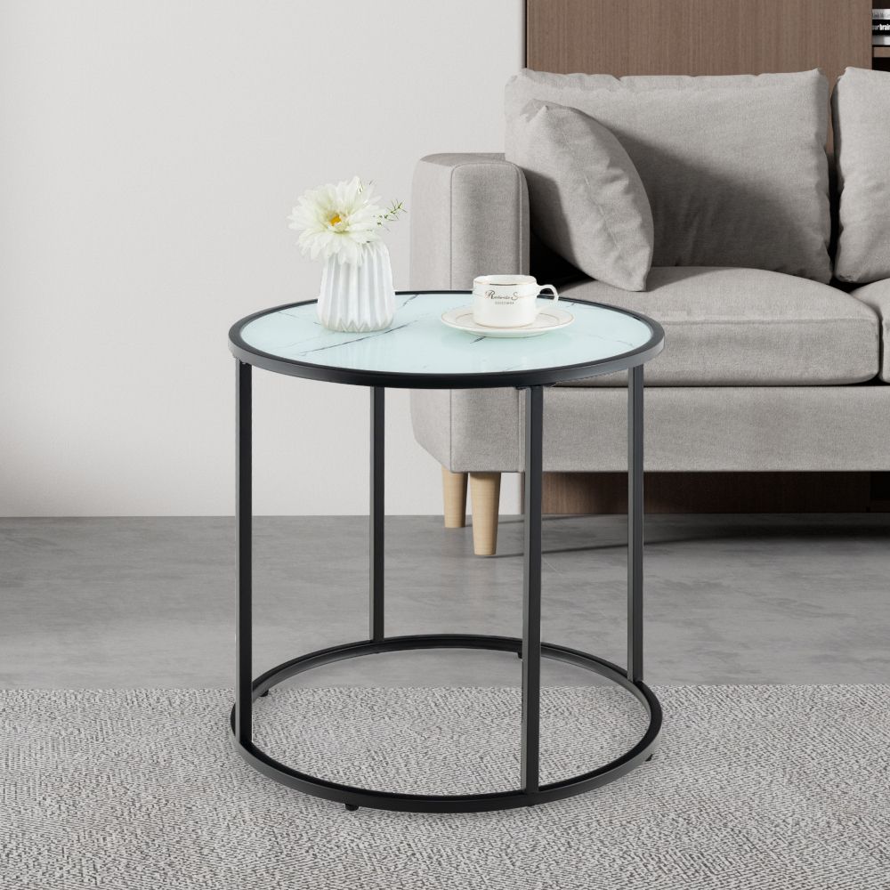 1 PC 20 Inch Glass End Table with Metal Frame and Faux Marble Glass Top