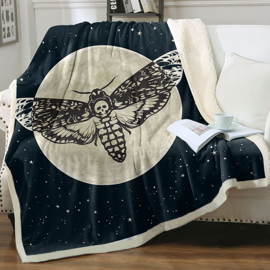 1 pc Death Moth Moon Star Throw Blanket, Gothic Skull Moth Sherpa Blanket, Dark Academia Celestial Blanket for Couch Bed Sofa, Soft Cozy Black and White Witchy Decor(temu can only be self-picked up)
