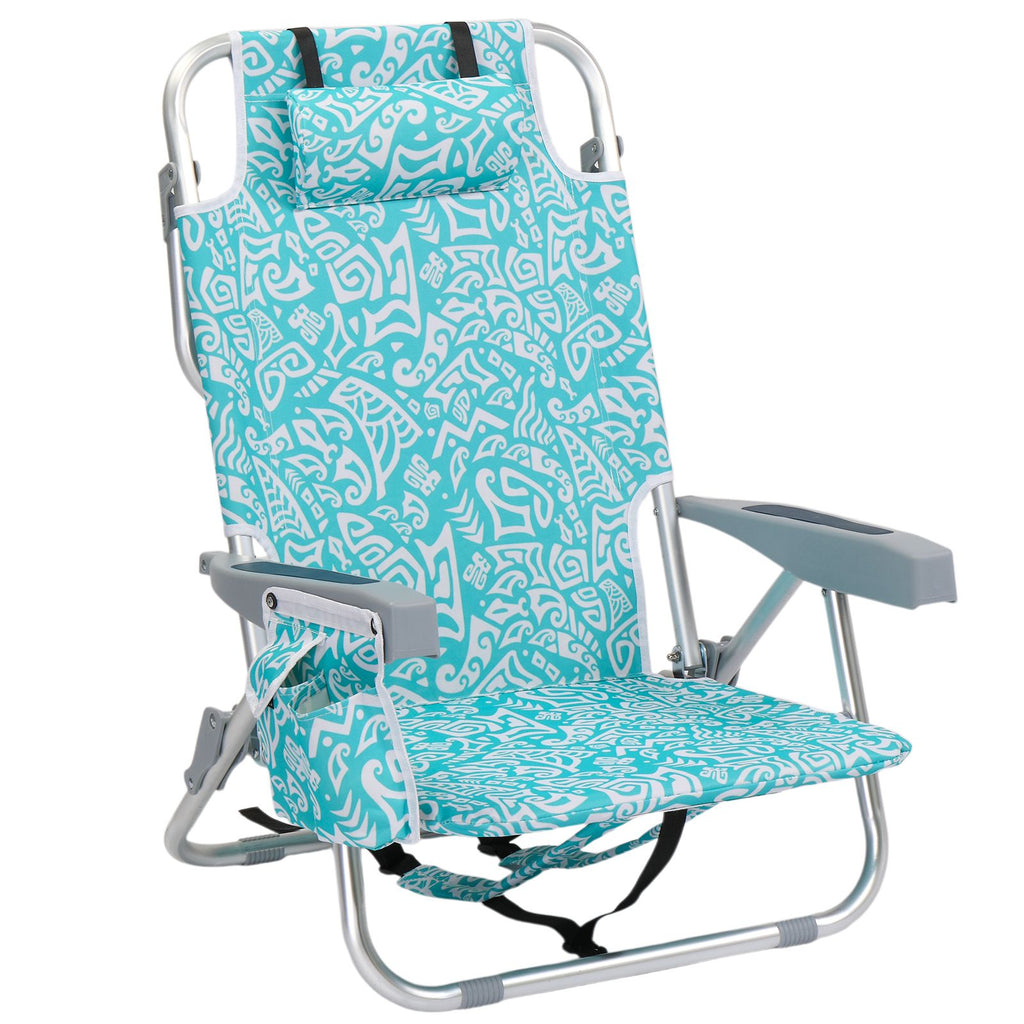 1 PCS Aluminum Beach Chair, 8.5 Inch Seat Height Teal Tribal Pattern, Adjustable Folding Chair with Headrest, Shoulder Strap, 2-in-1 Cup Holder Side Pocket, Back Cooler Bag