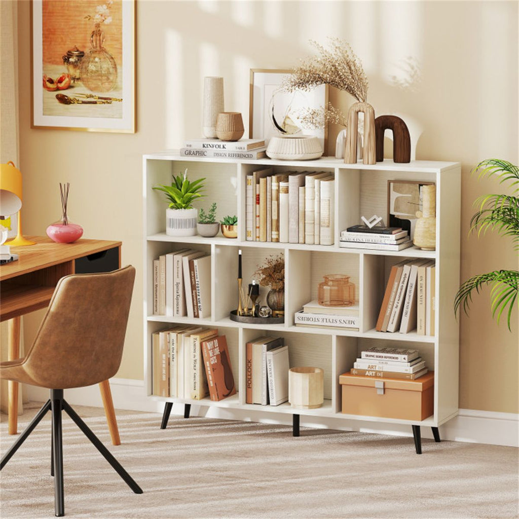 10 Cube Bookcase 3-Tier Modern Storage Organizer with 5 Metal Legs Bookshelves