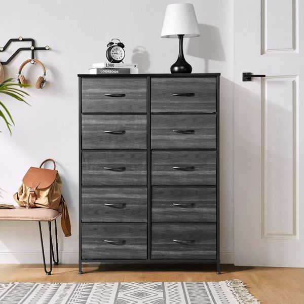 10 drawer double row non-woven storage cabinet, cationic cloth surface + non-woven fabric drawer + particle board + iron frame 85*30*120cm black wood grain drawer surface, black cloth drawer