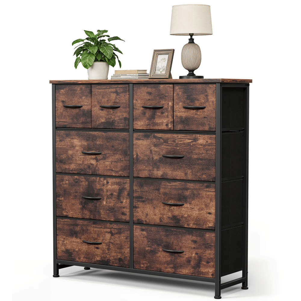 10-Drawer Fabric Dresser, LargeStorageTower for Bedroom, Closet, Living Room, Rustic Brown