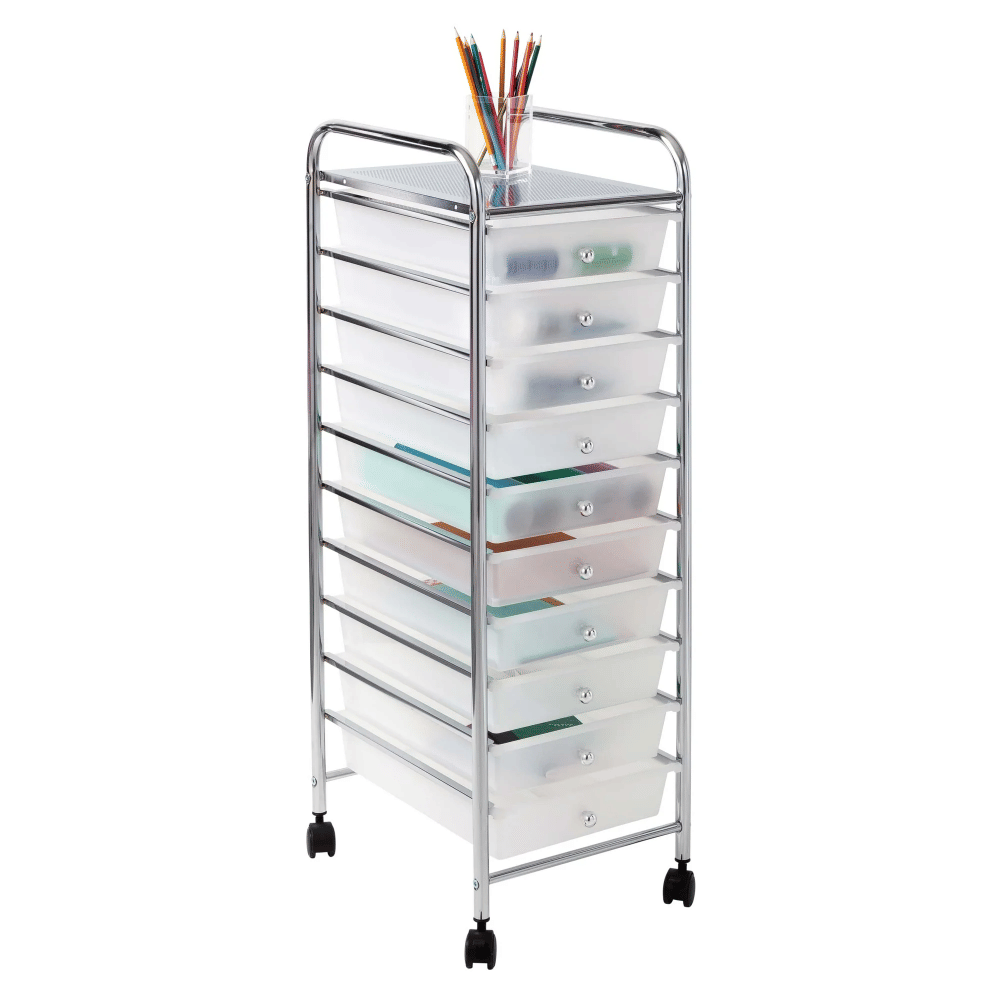 10-Drawer Multi-Color Rolling Craft Cart, Clear/Chrome