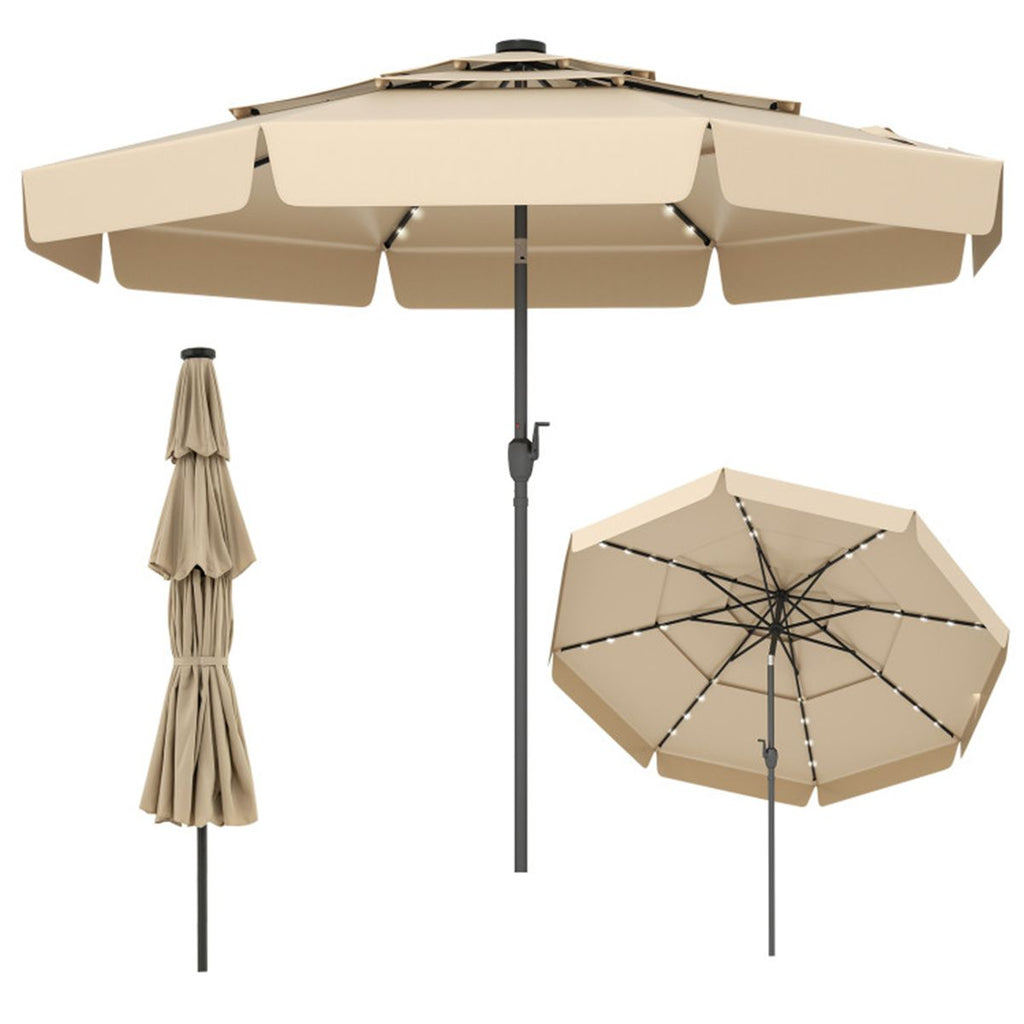 10 foot beige terrace umbrella with solar powered LED lights and multi-layered ventilated roof