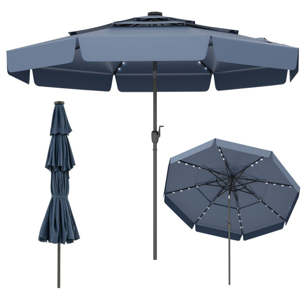 10 foot navy terrace umbrella with solar powered LED lights and multi-layered ventilated roof
