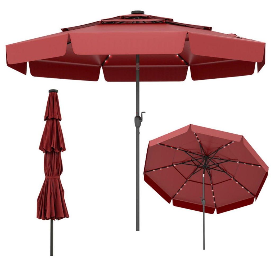 10 foot red terrace umbrella with solar powered LED lights and multi-layered ventilated roof