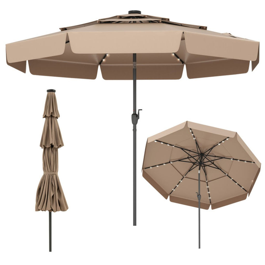 10 foot taupe terrace umbrella with solar powered LED lights and multi-layered ventilated roof