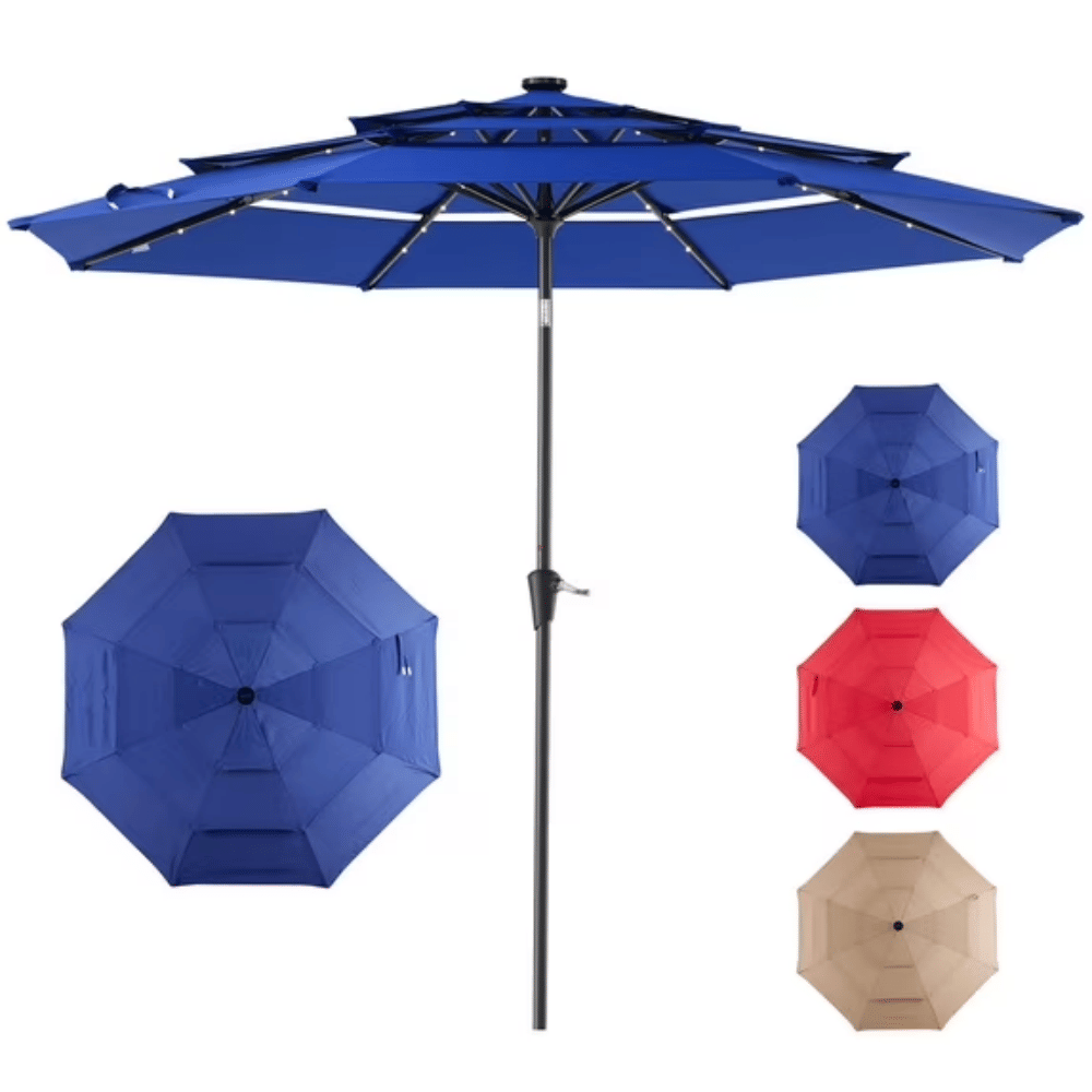 10 FT 3-Layer Solar Patio Umbrella, 32 LED Lights Market Umbrella with Adjustable Tilt, 8-Rib Outdoor Sunshade for Backyard, Deck and PoolsideNavy Blue (Shipment from Walmart)