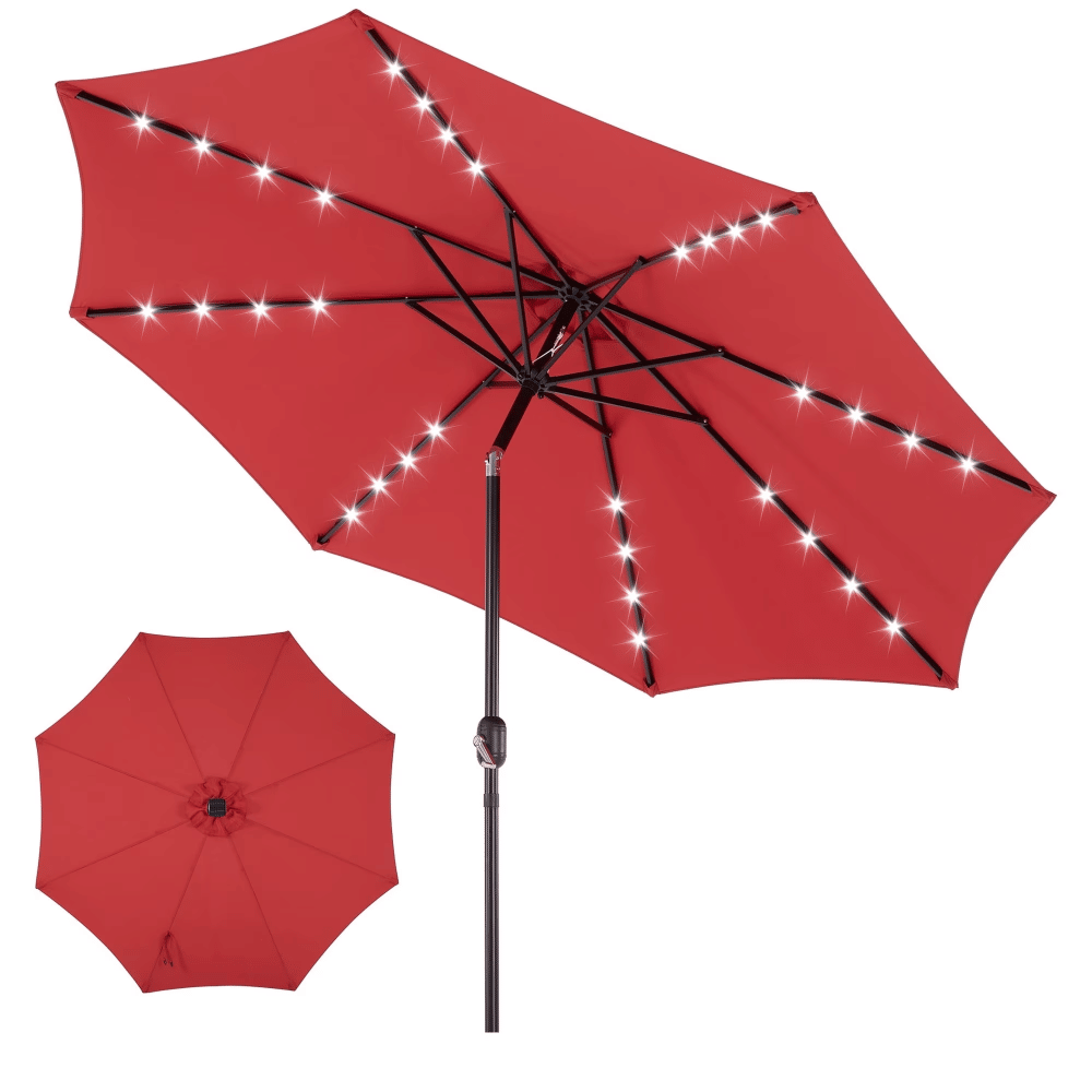 10 ft Outdoor Patio Umbrella with Solar LED Lights, WeatherResistant Camping & Yard Umbrella with PushButton Tilt, 8Rib Patio Umbrella for Sunny Outdoor Use, Red