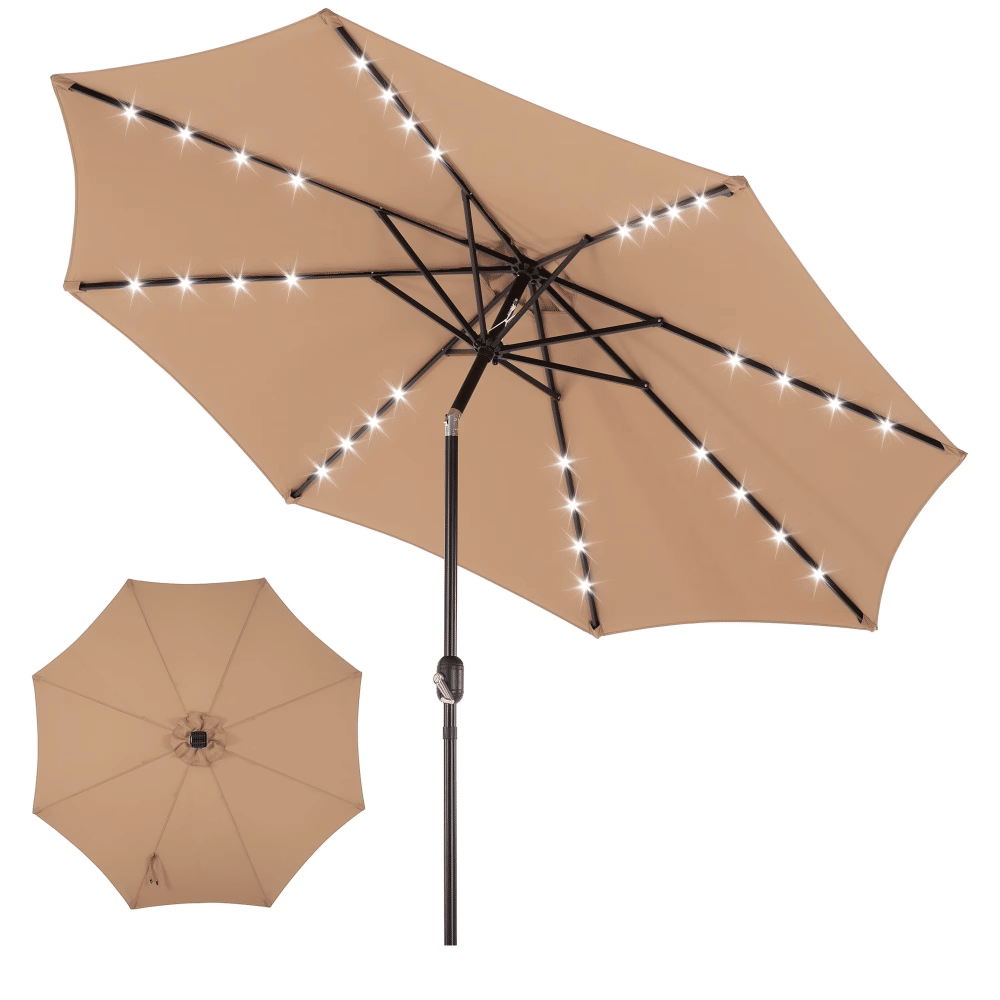 10 ft Outdoor Patio Umbrella with Solar LED Lights, WeatherResistant Camping & Yard Umbrella with PushButton Tilt, 8Rib Patio Umbrella for Sunny Outdoor Use,Brown