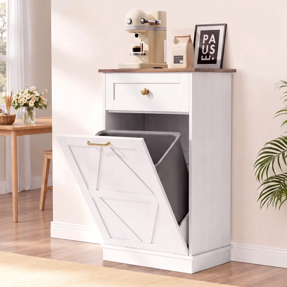 10 Gallon TiltOutTrash Cabinet with Drawer,KitchenTrash Can Cabinet, Garbage Recycling CabinetforKitchen, White