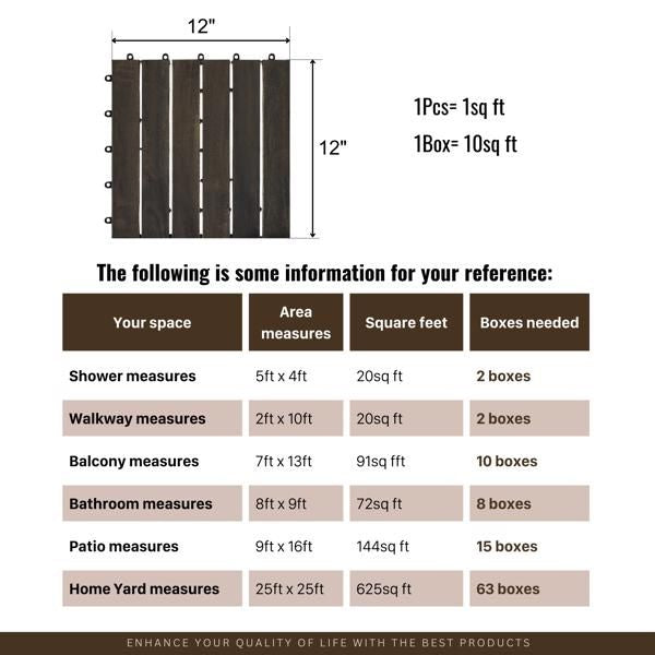 10 PCS Interlocking Deck Tiles Striped Pattern, 12" x 12" Dark Brown Square Acacia Hardwood Outdoor Flooring for Patio, Bancony, Pool Side