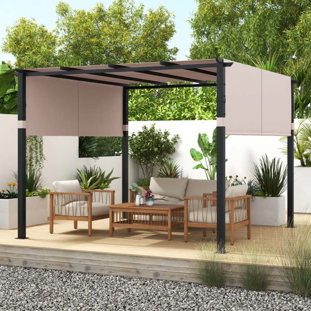 10 x 10 ft Flat Top Pergola with Retractable Canopy for Garden Pool Porch and Backyard
