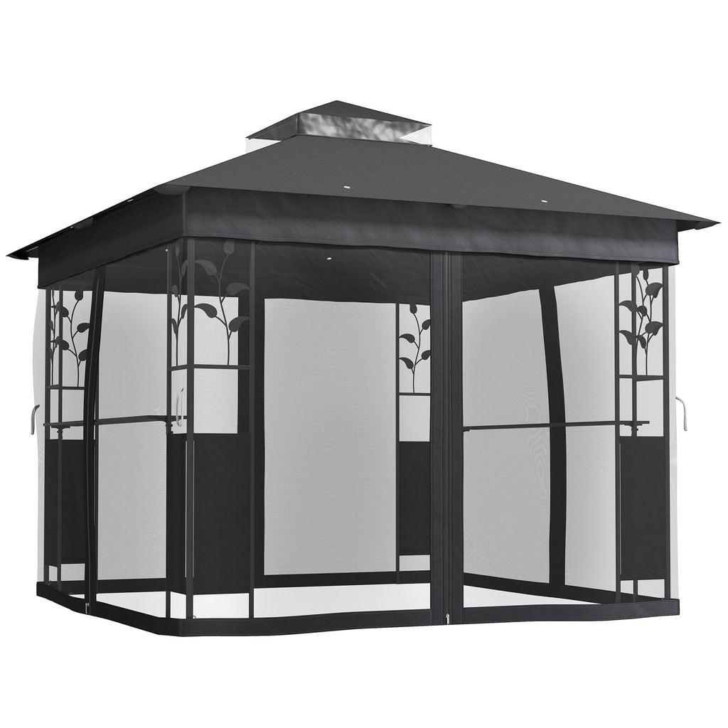 10' x 10' Outdoor Gazebo with Shelves and Netting, UV30+ Double Roof Patio Gazebo for Lawn, Backyard and Deck