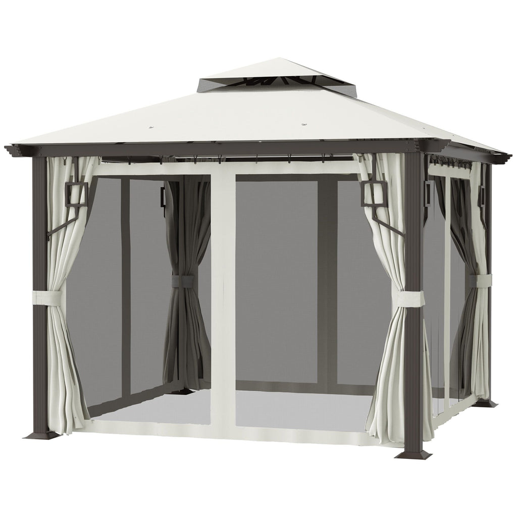 10' x 10' Patio Gazebo Outdoor Canopy Shelter with Aluminum Frame, Double Tier Roof, Netting and Curtains for Garden, Lawn, Cream White