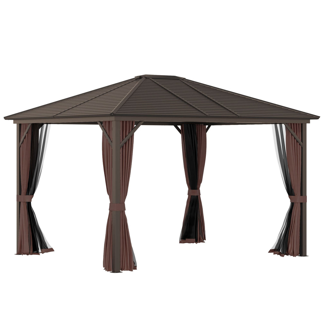 10' x 12' Hardtop Gazebo with Curtains and Netting, Permanent Pavilion Metal Single Roof Gazebo Canopy with Aluminum Frame and Hooks, for Garden, Patio, Backyard, Coffee Brown