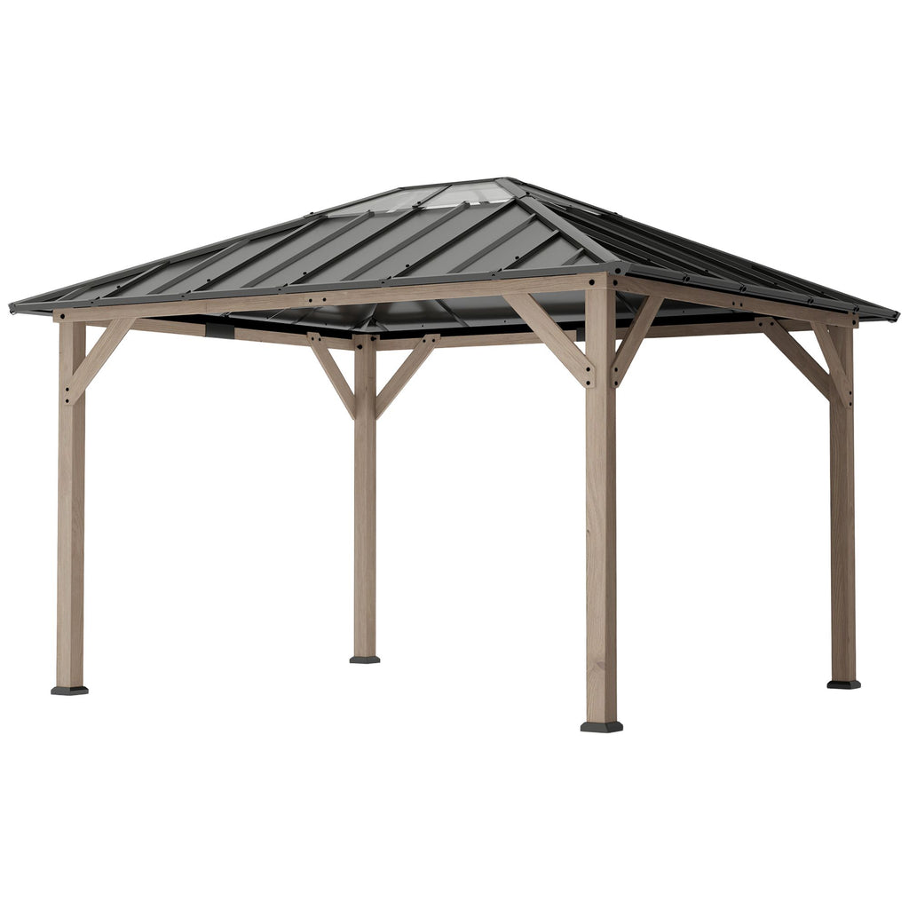 10' x 12' Hardtop Gazebo with Galvanized Steel Roof, UPF50+ Wood Permanent Pavilion with Clear Roof Top, Light Walnut