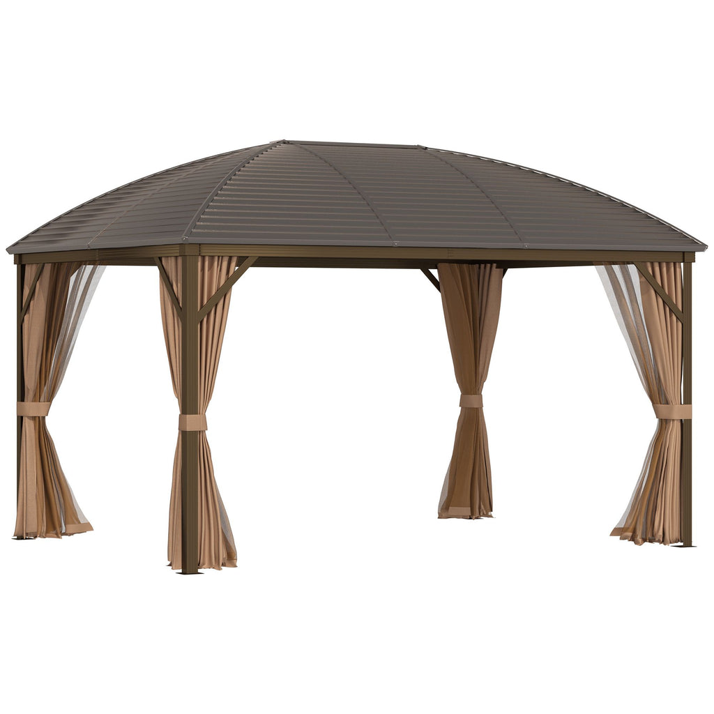 10' x 13' Hardtop Gazebo with Curtains and Netting, Outdoor Pavilion Gazebo with Top Hook, Ceiling Hook, for Garden, Brown