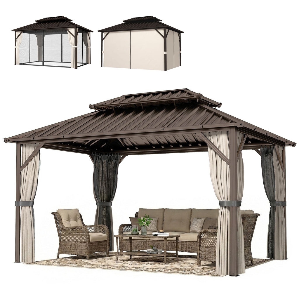 10' x 14' Hardtop Gazebo with Double Galvanized Steel Roof Canopy, Aluminum Frame Permanent Gazebo, Brown