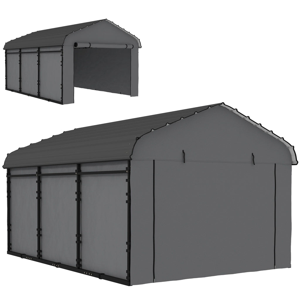 10' x 15' Metal Carport, Heavy Duty Garage Car Canopy with Galvanized Metal Roof and Removable Sidewalls, Dark Gray