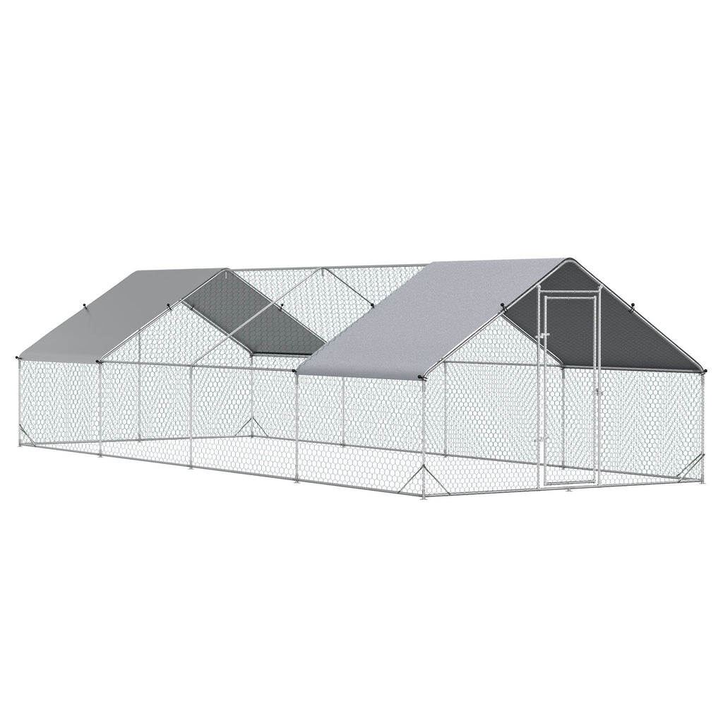 10' x 26' x 6.5' Large Metal Chicken Coop with Run, Walk-in Poultry Cage Hen Playpen House with Cover & Lockable Door for Farm Backyard, Silver