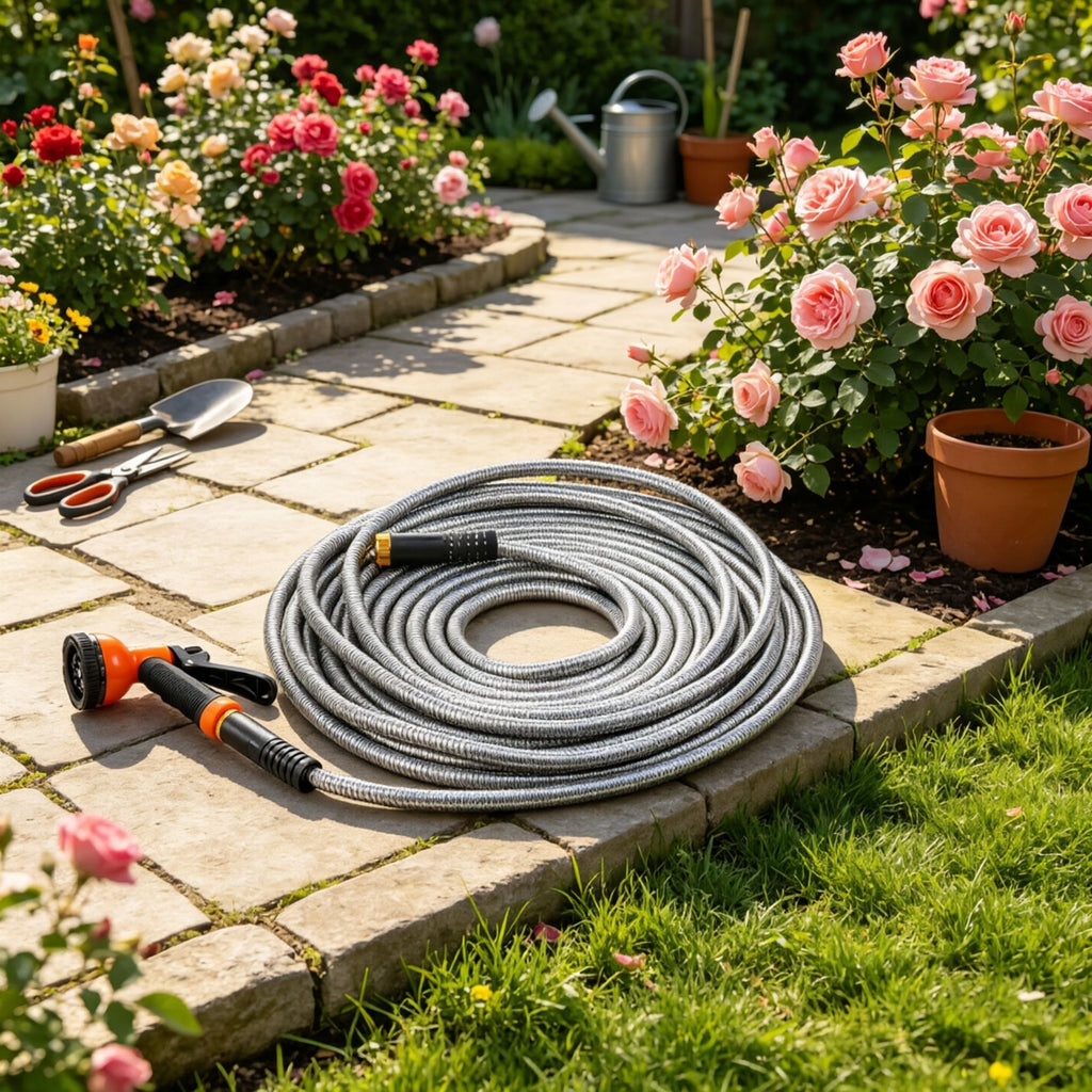 100 ft Metal Garden Hose, Rust Proof Water Hose with 10 Function Nozzle, No-Kink & Flexible Lightweight Metal Hose for Yard Outdoor