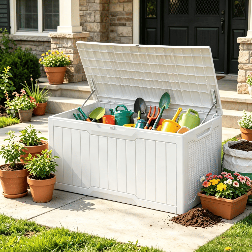 100 Gallon Deck Box, Lockable Waterproof Resin OutdoorStorageBin, White