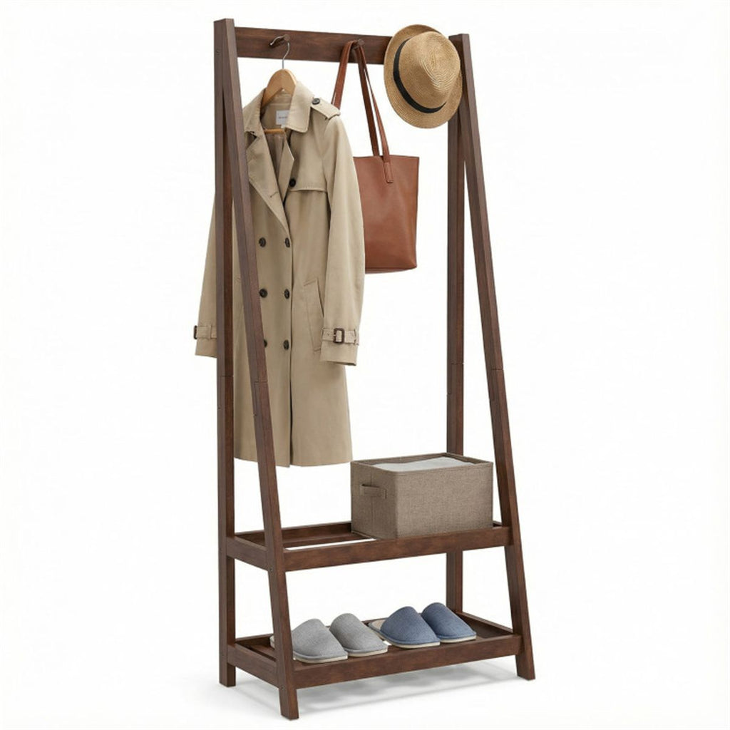 100% Solid Rubber Wood Freestanding Coat Rack, A-Frame Stable Garment Hanger with 3 Hooks & 2 Shelves