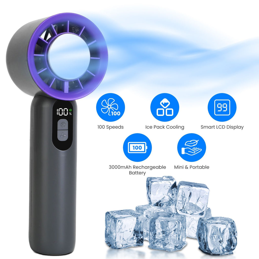 100 Speed Handheld Cooling Fan with Superconducting Ice Pack, 3000mAh Rechargeable Portable Mini Air Cooler with LCD Display for Summer Outdoor Travel