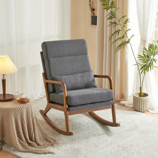 100*65*101cm High Back Belt Waist Pillow Log Color Solid Wood Armrest Backrest Seat Frame Iron Frame Indoor Rocking Chair Dark Gray Linen