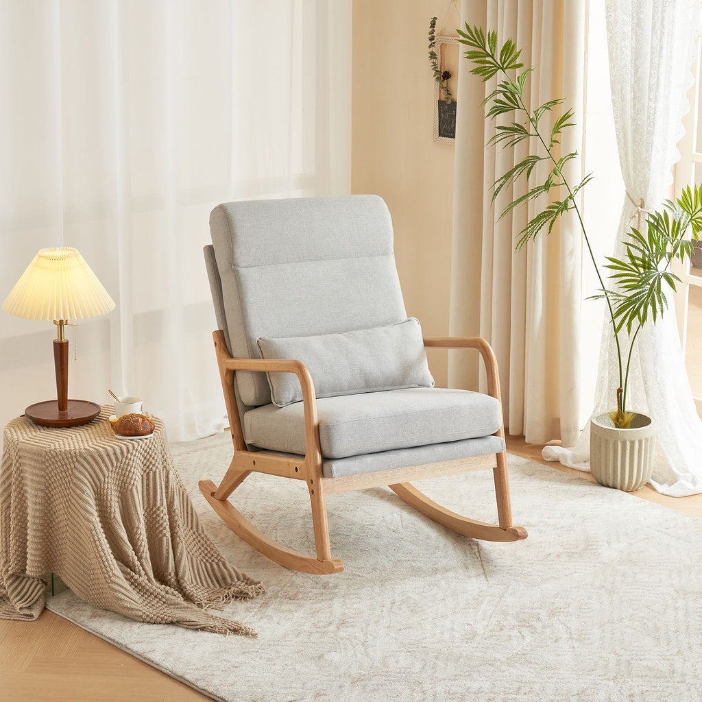 100*65*101cm High Back Belt Waist Pillow Log Color Solid Wood Armrest Backrest Seat Frame Iron Frame Indoor Rocking Chair/armchair dual use Light Gray Linen