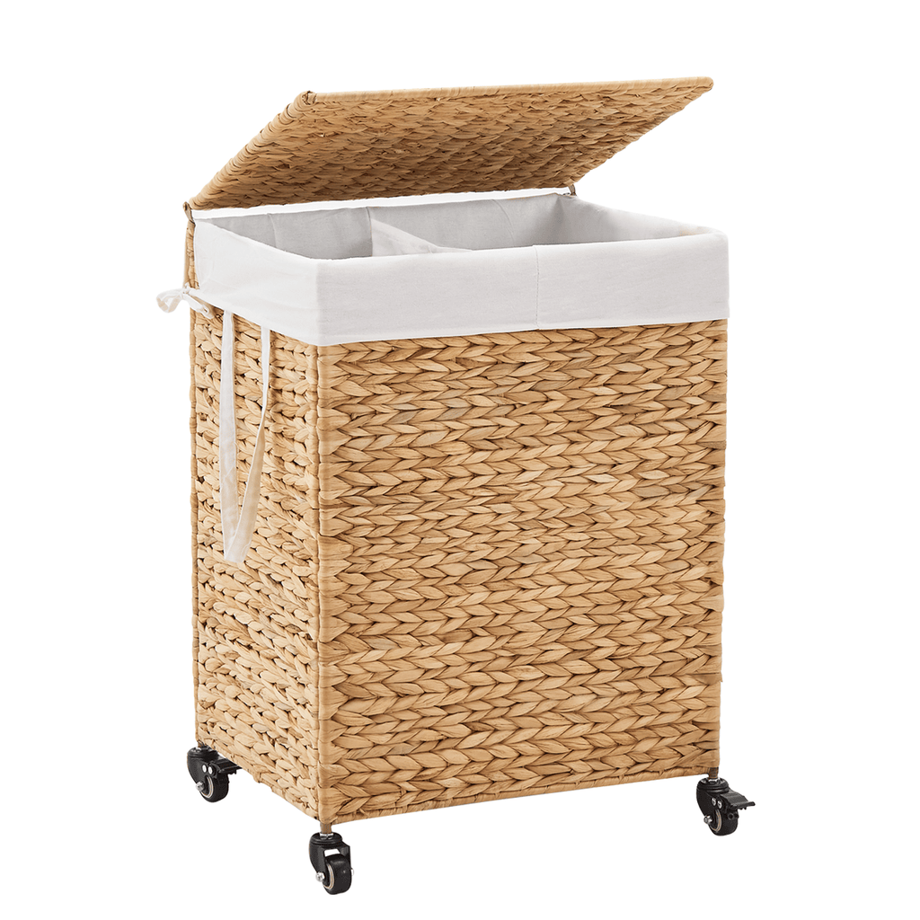 100L 2-Section Laundry Hamper with Lid and Wheels, Woven Natural Water Hyacinth Rolling Laundry Hamper