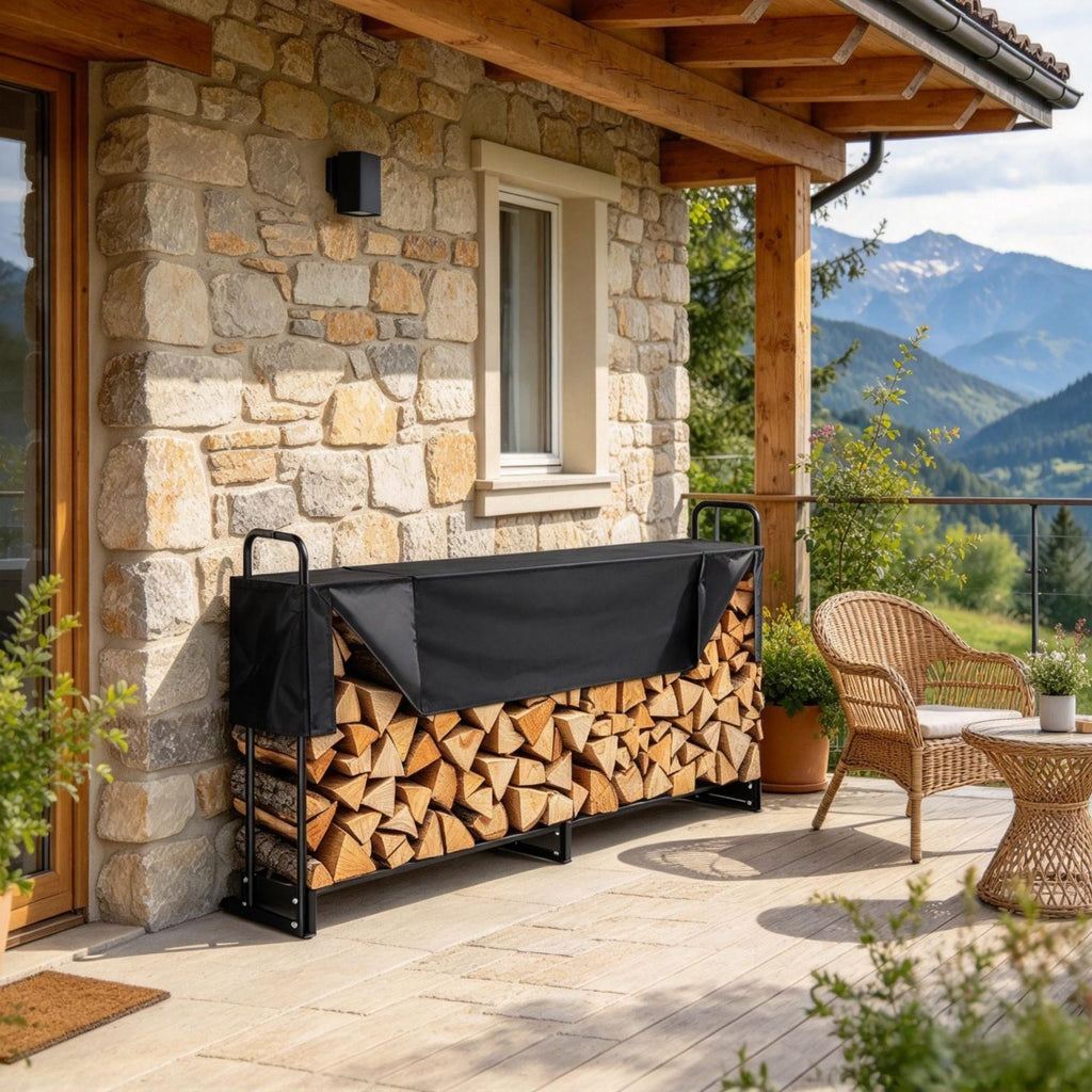 101" x 14" x 46" Firewood Rack with Waterproof Cover, 660lb Weight Capacity 1/2 Cord Outdoor Log Holder, Half-Covered Powder-Coated Firewood Storage Rack for Fireplace & Deck