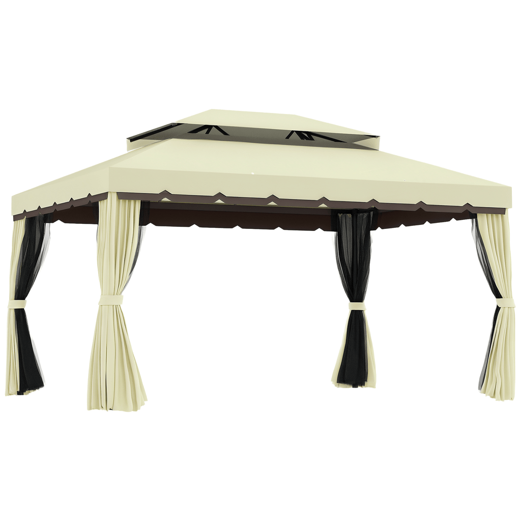 10'13' Patio Gazebo, Aluminum Frame Double Roof Outdoor Gazebo Canopy Shelter with Netting & Curtains, Cream White