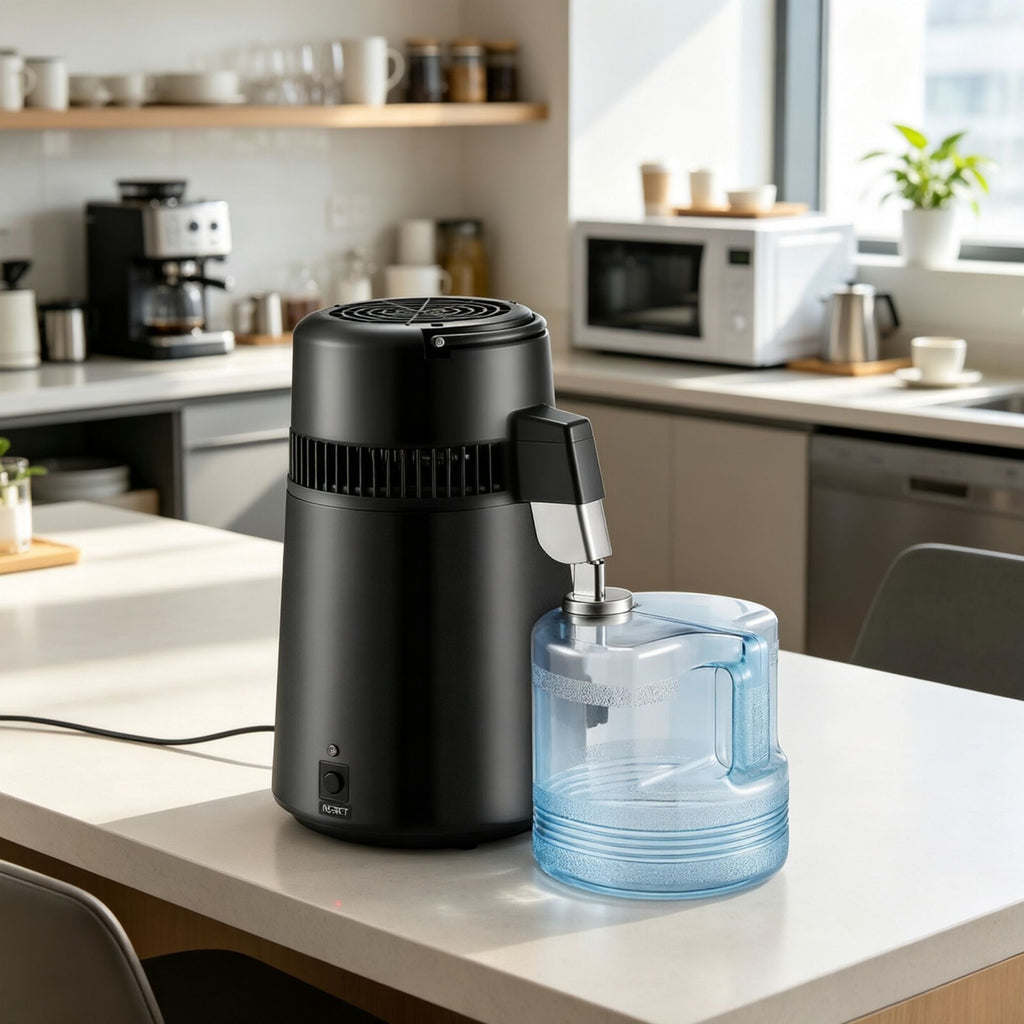 1.05 Gallon Pure Water Distiller, 750W Countertop Purifier with Stainless Steel Interior & Filter, Distilled Water Maker for Home, Black