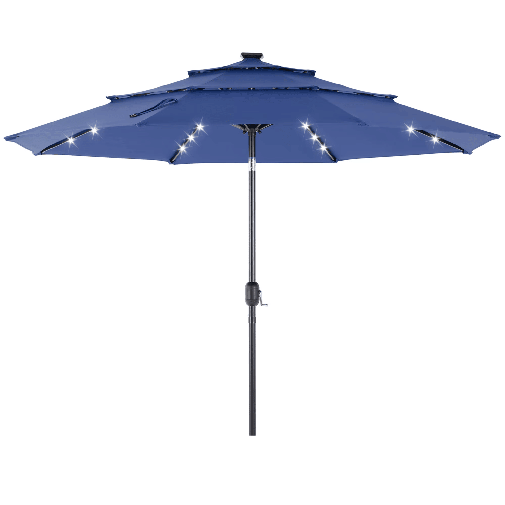 10ft 3-Tier Solar LED Patio Umbrella with Tilt Adjustment and UV-Resistant Polyester Fabric, Outdoor Market Umbrella, Navy Blue