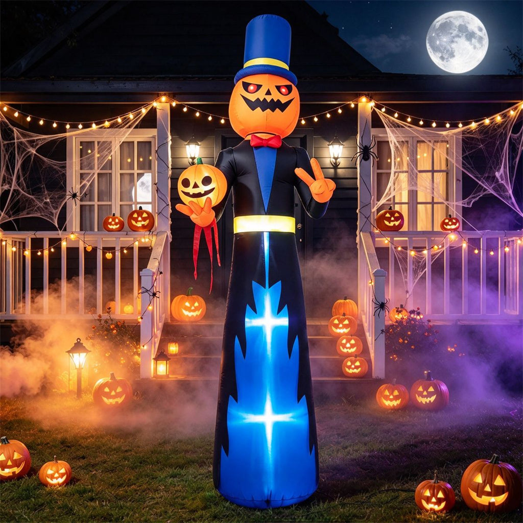 10FT Halloween Inflatable Pumpkin Gentleman with Rotating Pumpkin Head, Built-in Blower, Outdoor Yard Decor with Stakes and Ropes