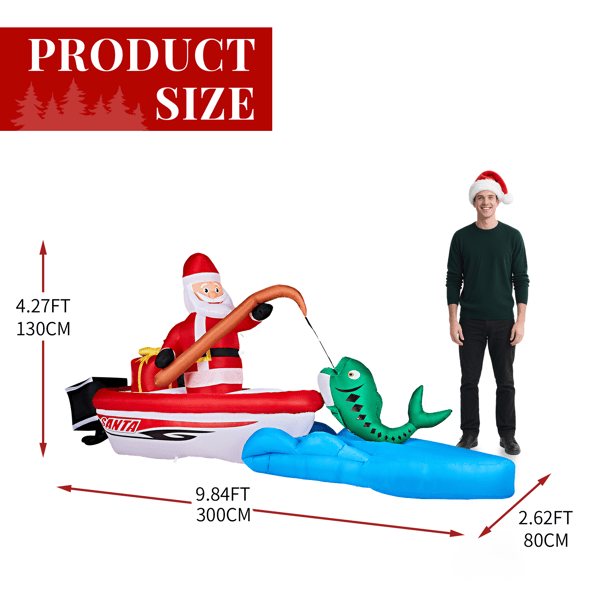 10FT Lighted Christmas Inflatable Decoration, Inflatable Santa Fishing on Boat, Funny Blow Up Yard Decorations with Built-in LED Lights for Holiday Party Front Yard Lawn Garden Decor